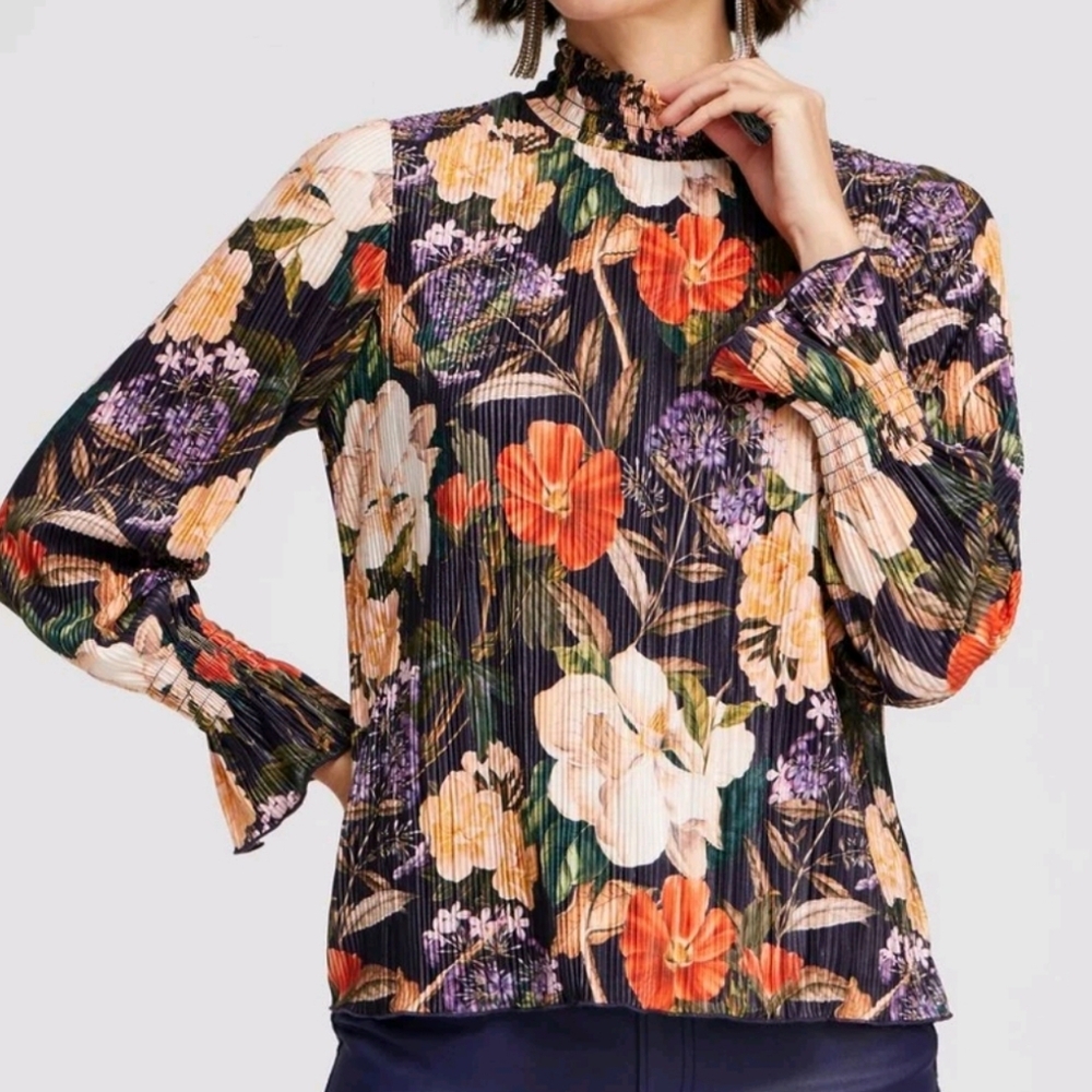 Chicos Pleated Crinkled Mockneck Top XXL Dark Floral